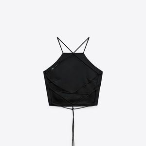 Zara Satin Crop Top in Black, Open Tie Back